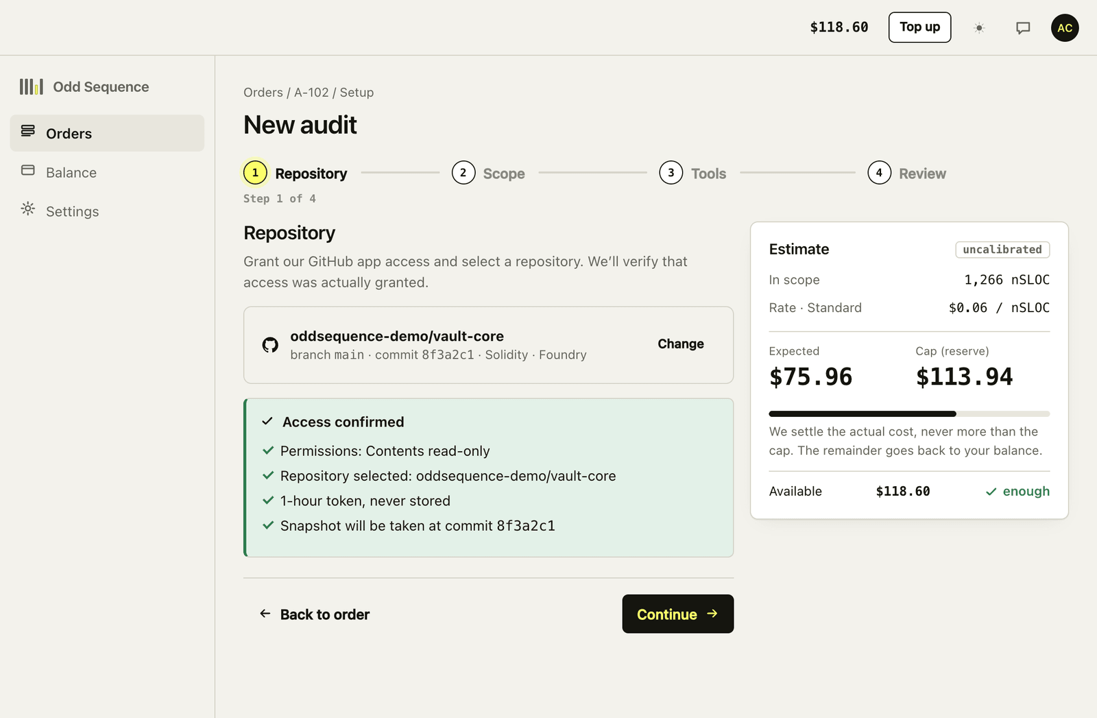 Repository step with access confirmed: read-only Contents permission, the selected repository, a one-hour token that is never stored, and a snapshot pinned to commit 8f3a2c1.