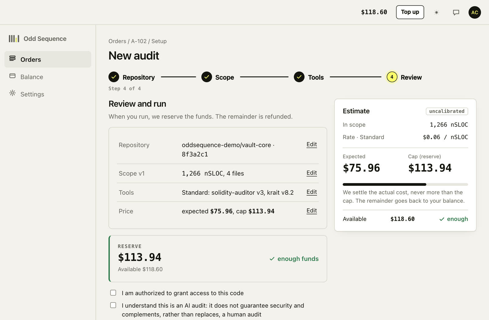 Review step: repository, scope, tools and price summary, a reserve of $113.94 with enough funds, two confirmation checkboxes and a Run audit button.