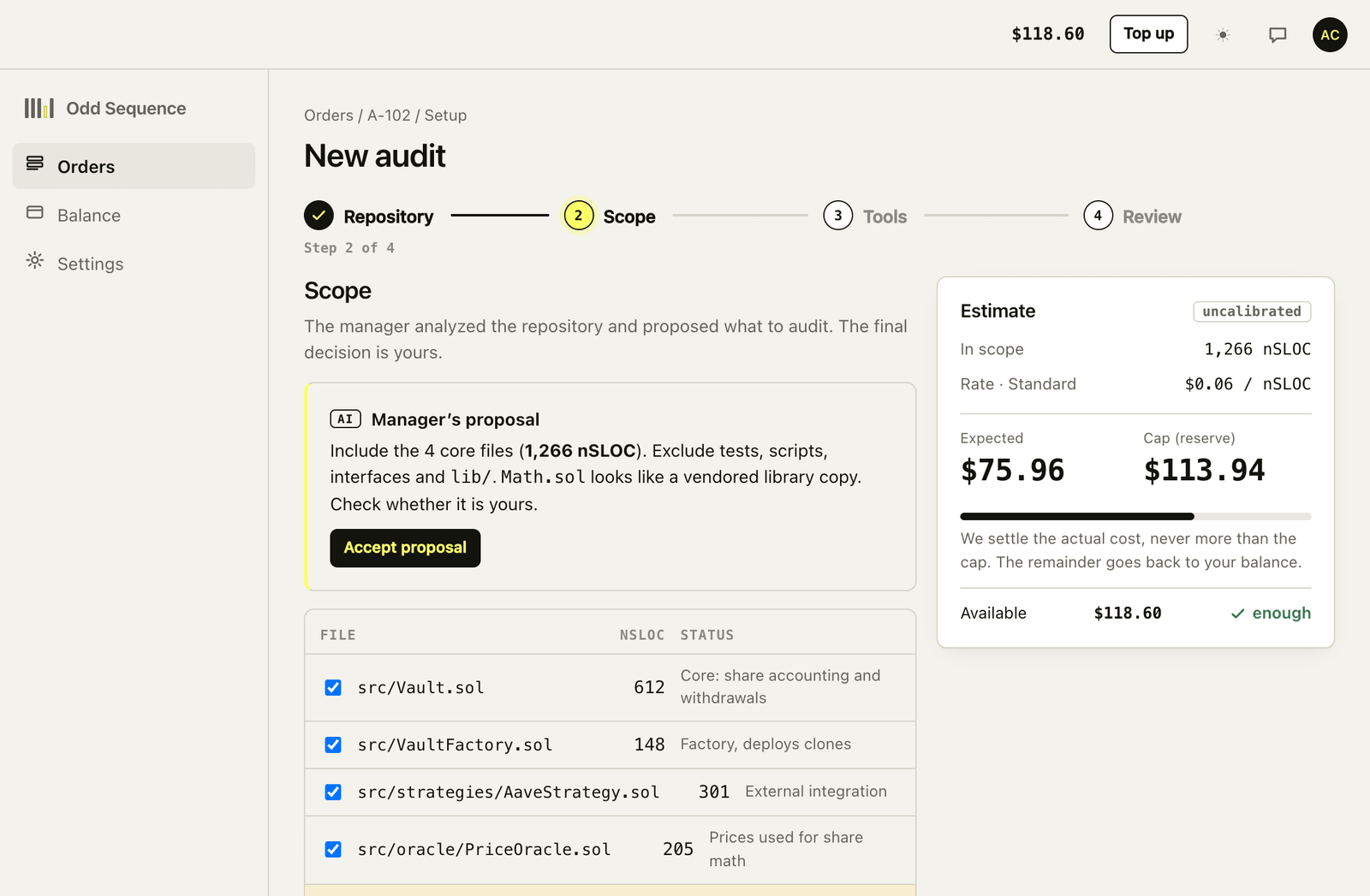 Scope step: the manager proposes four core files totalling 1,266 nSLOC with a reason for each exclusion, a file list with checkboxes, and a live estimate of $75.96 expected and $113.94 cap.