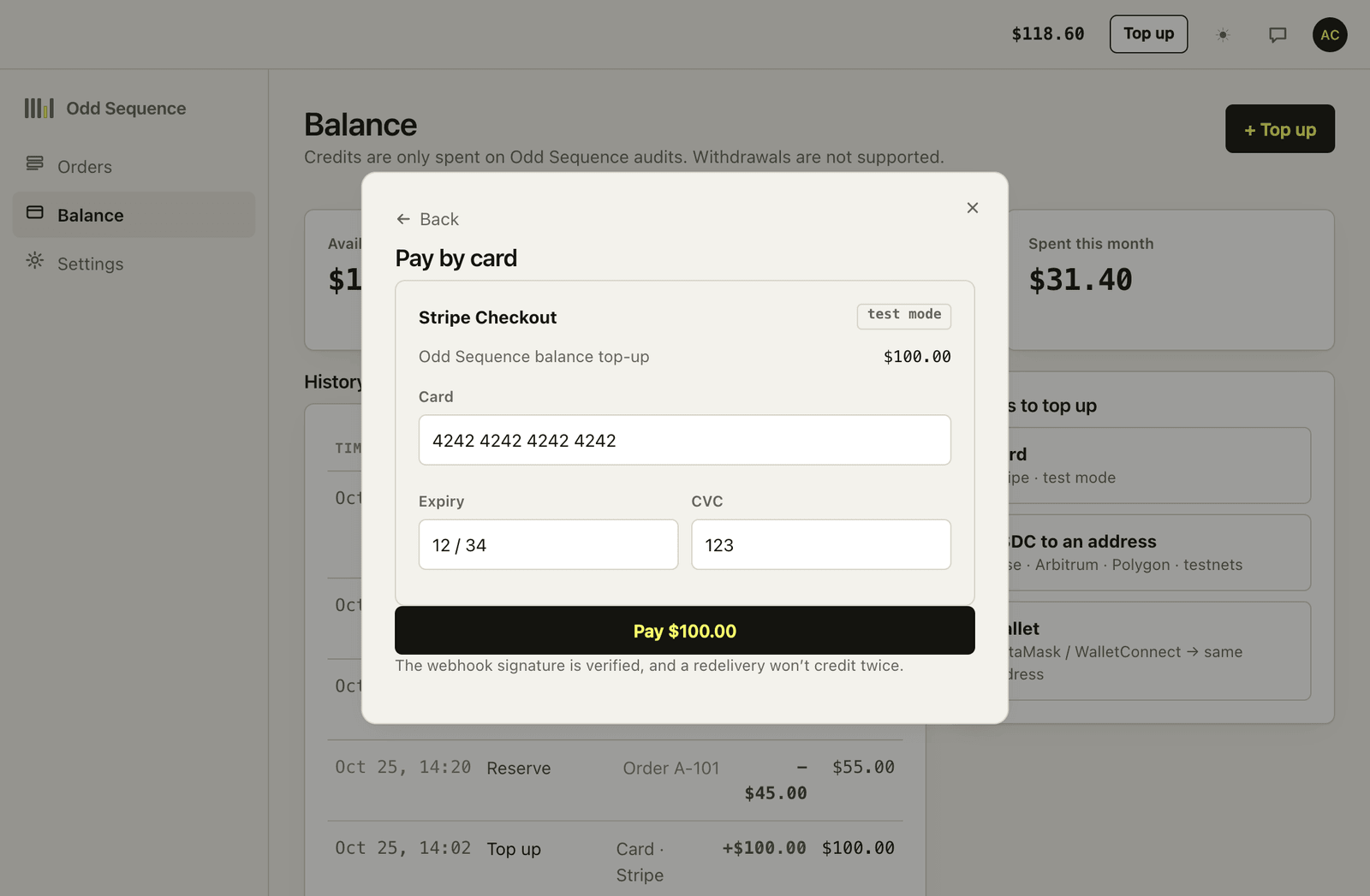 Top-up dialog in test mode: pay by card, a $100.00 balance top-up through a Stripe test checkout, with the note that credits are spent only on audits.